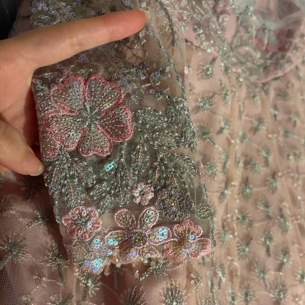 Faiza Saqlain Ruzova Blush Pink Embroidered Net Long Sleeve Dress - Picture 5 of 6